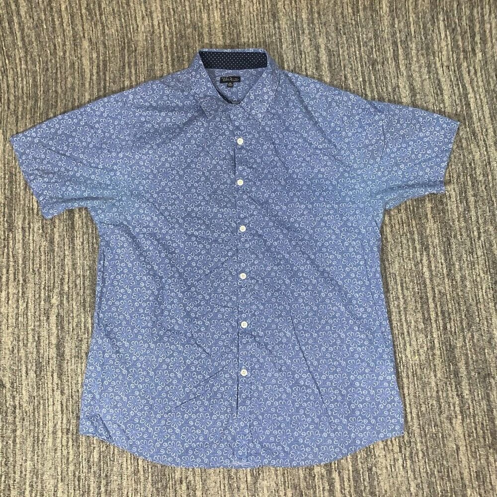 Galaxy by Harvic Mens XL Button Front Shirt Blue White Floral Short Sleeves